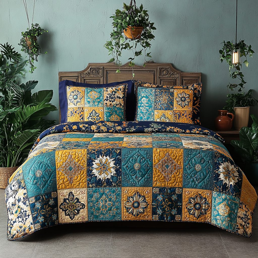 Turquoise Bloom quilted 3-piece bedding set on a made bed with two matching pillow shams