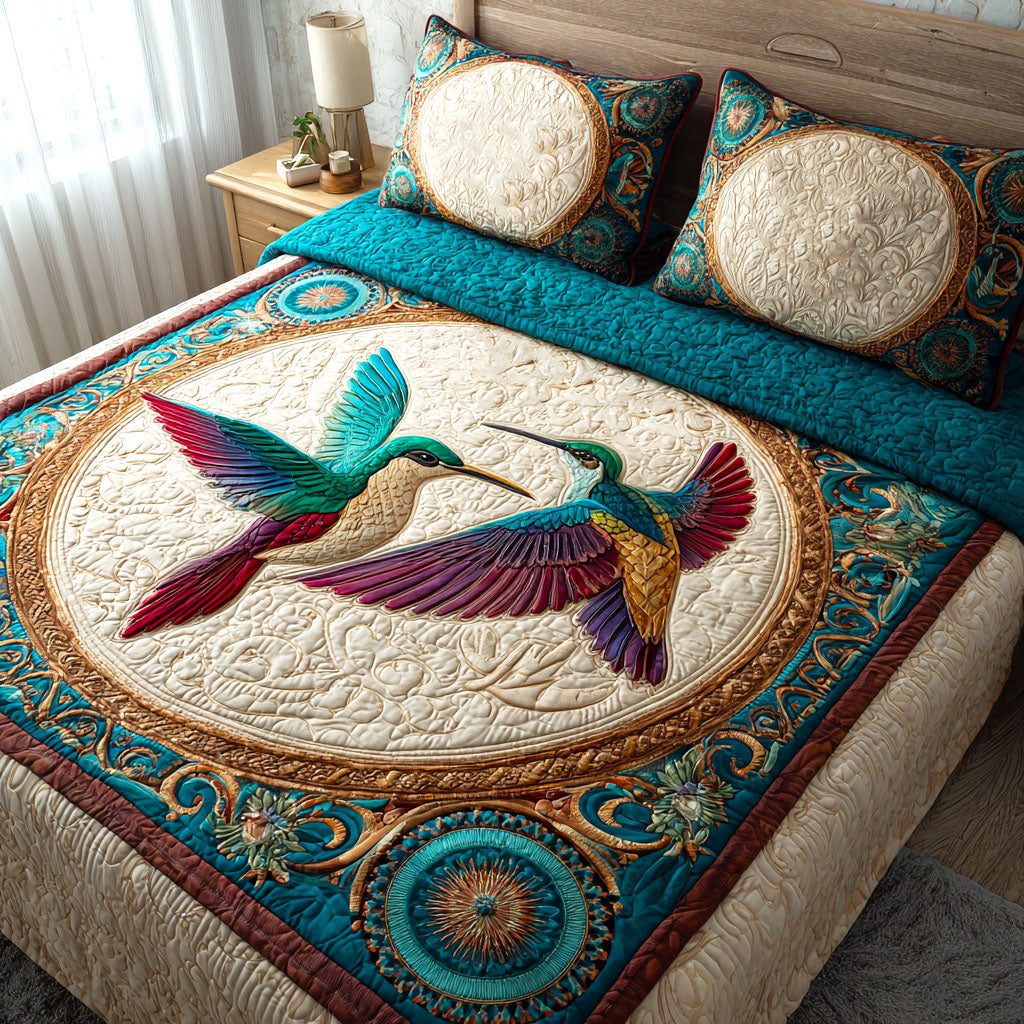 Turquoise Duo quilted 3-piece bedding set on a made bed with two matching pillow shams