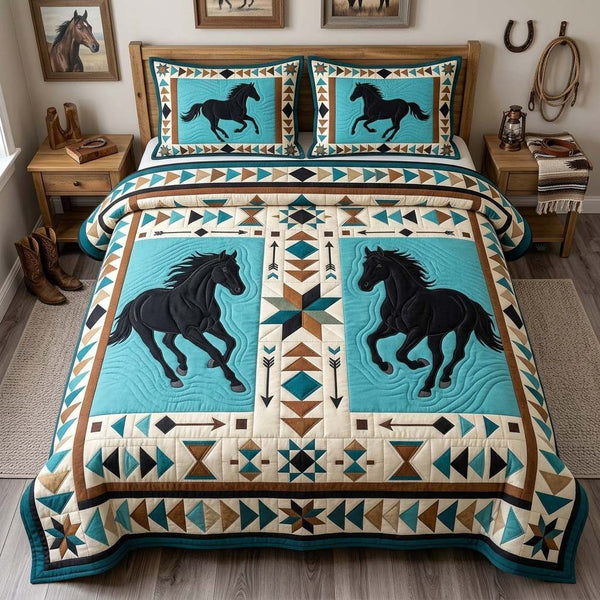 Turquoise Horse quilted 3-piece bedding set on a made bed in a rustic timber bedroom