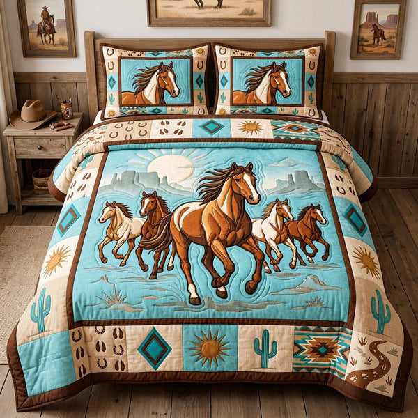 Turquoise Horse Run quilted 3-piece bedding set on a made bed in a rustic timber bedroom
