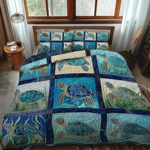 Turtle Bay Comfort quilted 3-piece bedding set on a made bed in a light coastal bedroom