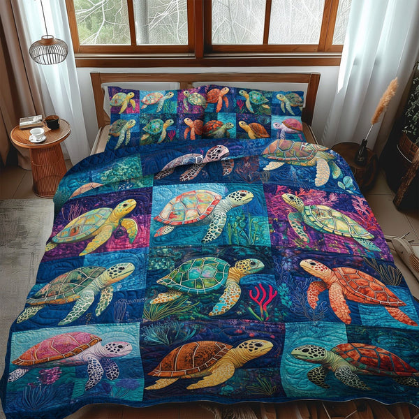 Turtle Bay Harmony quilted 3-piece bedding set on a made bed in a light coastal bedroom