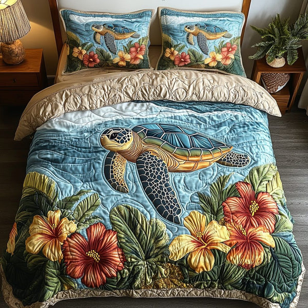 Turtle Bloom quilted 3-piece bedding set on a made bed in a light coastal bedroom