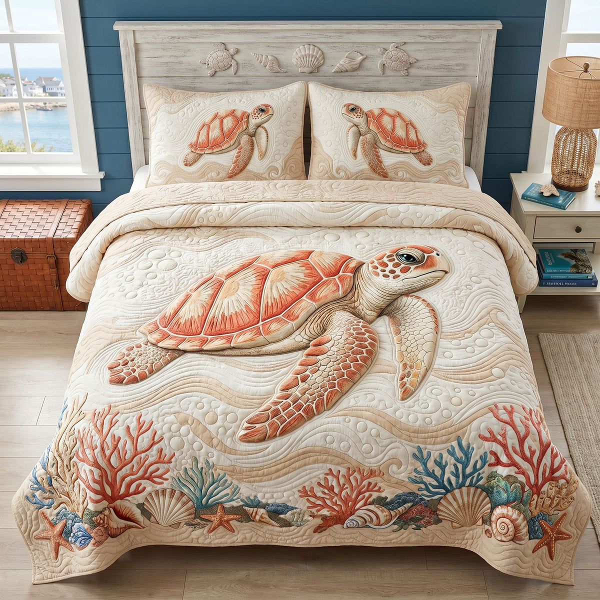 Turtle Breeze quilted 3-piece bedding set on a made bed in a light coastal bedroom