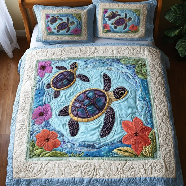 Turtle Cove Bliss quilted 3-piece bedding set on a made bed in a light coastal bedroom