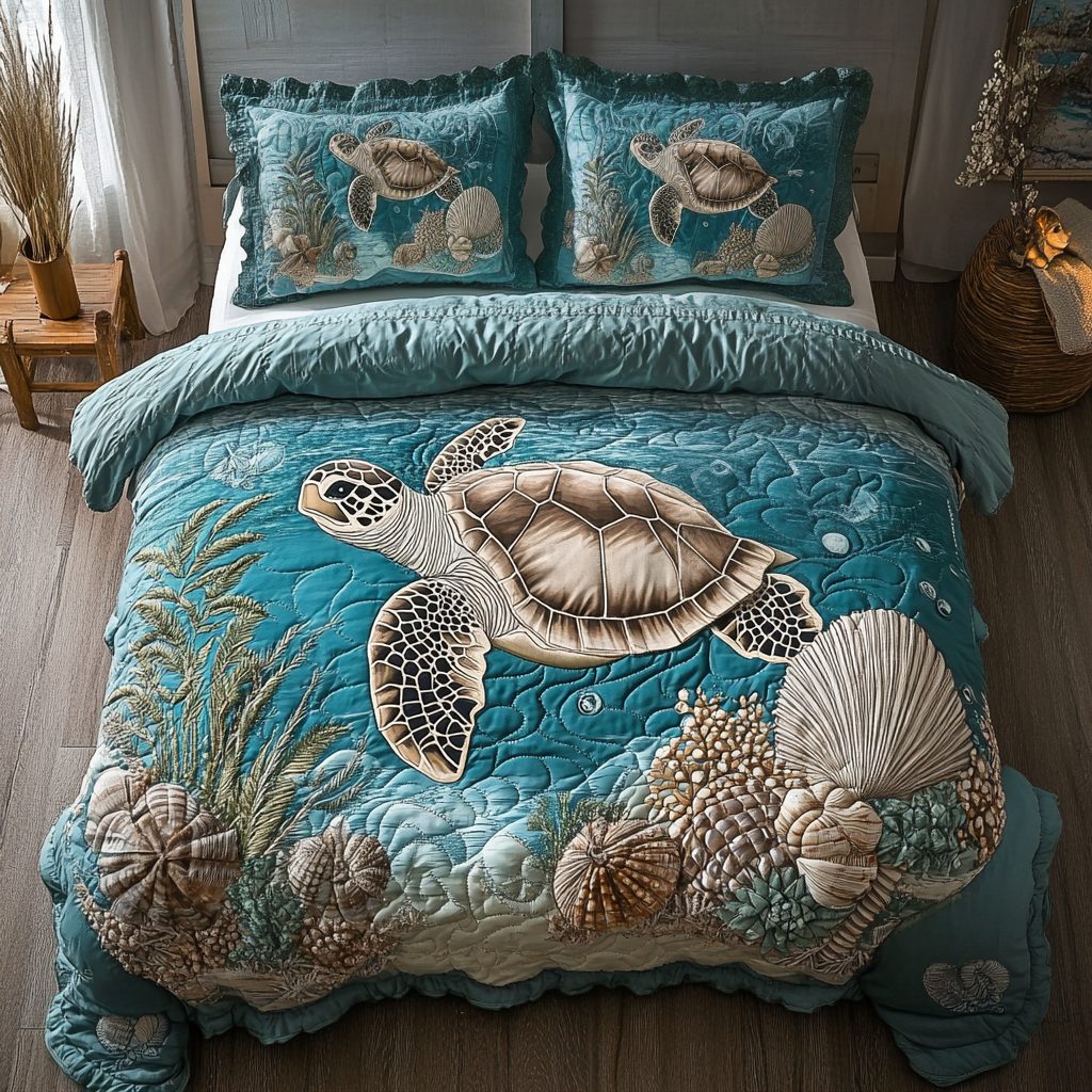 Turtle Delight quilted 3-piece bedding set on a made bed in a light coastal bedroom