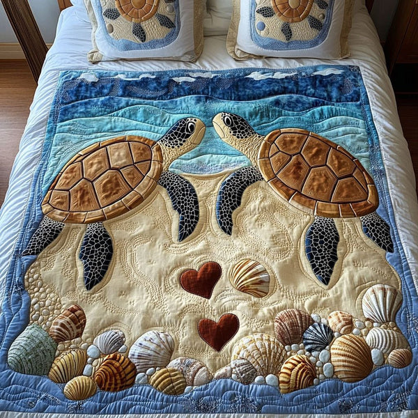 Turtle Dove Duo quilted 3-piece bedding set on a made bed in a light coastal bedroom