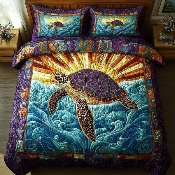 Turtle Dream quilted 3-piece bedding set on a made bed in a light coastal bedroom