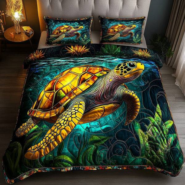 Turtle Dreams quilted 3-piece bedding set on a made bed in a light coastal bedroom