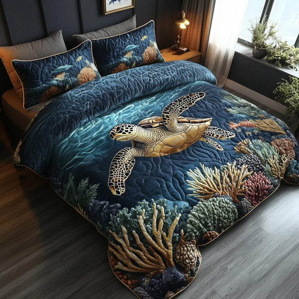 Turtle Dreams quilted 3-piece bedding set on a made bed in a light coastal bedroom