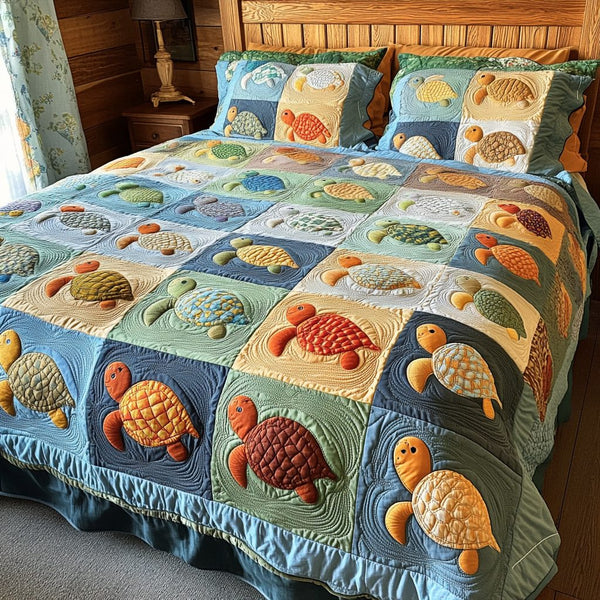 Turtle Dreams quilted 3-piece bedding set on a made bed in a light coastal bedroom