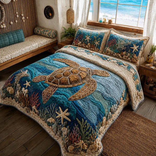 Turtle Escape quilted 3-piece bedding set on a made bed in a light coastal bedroom