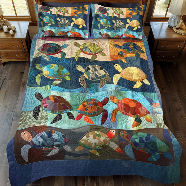 Turtle Fiesta quilted 3-piece bedding set on a made bed in a light coastal bedroom