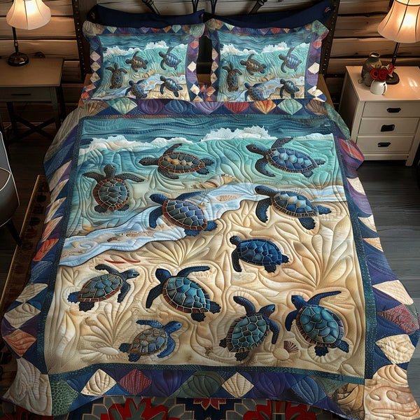 Turtle First Crawl quilted 3-piece bedding set on a made bed in a light coastal bedroom