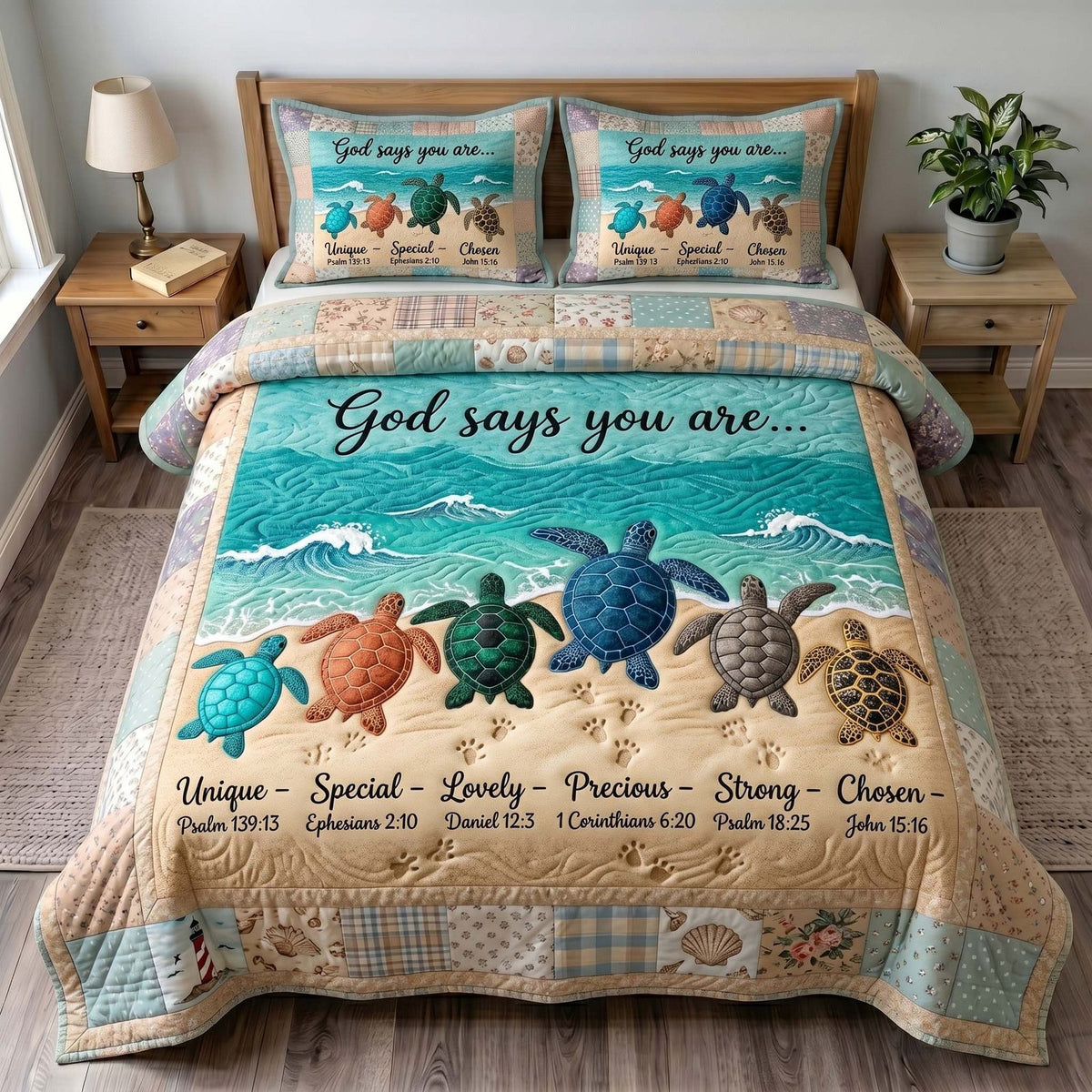 Turtle Grace quilted 3-piece bedding set on a made bed in a light coastal bedroom