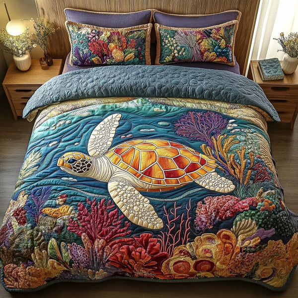 Turtle Grace quilted 3-piece bedding set on a made bed in a light coastal bedroom