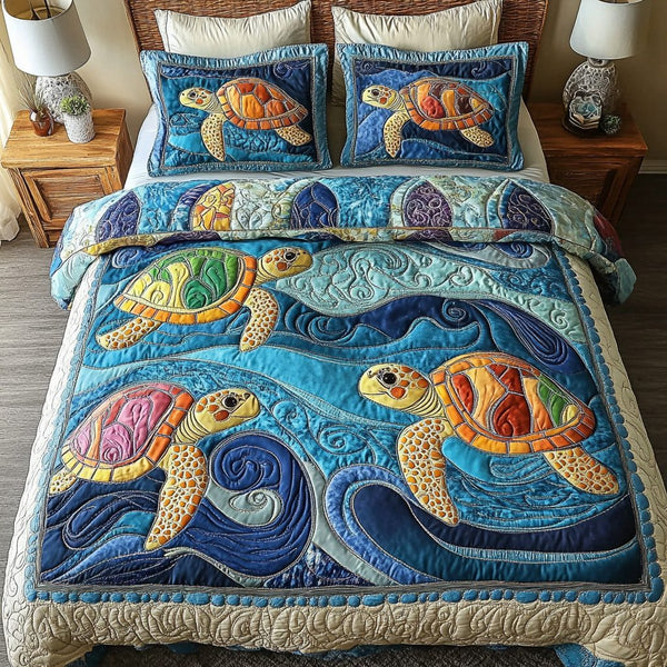 Turtle Harmony quilted 3-piece bedding set on a made bed in a light coastal bedroom