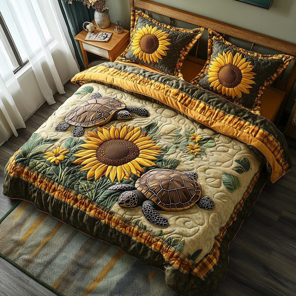 Turtle Harmony quilted 3-piece bedding set on a made bed in a light coastal bedroom