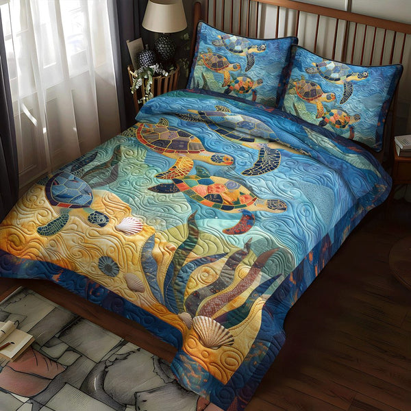 Turtle Harmony quilted 3-piece bedding set on a made bed in a light coastal bedroom