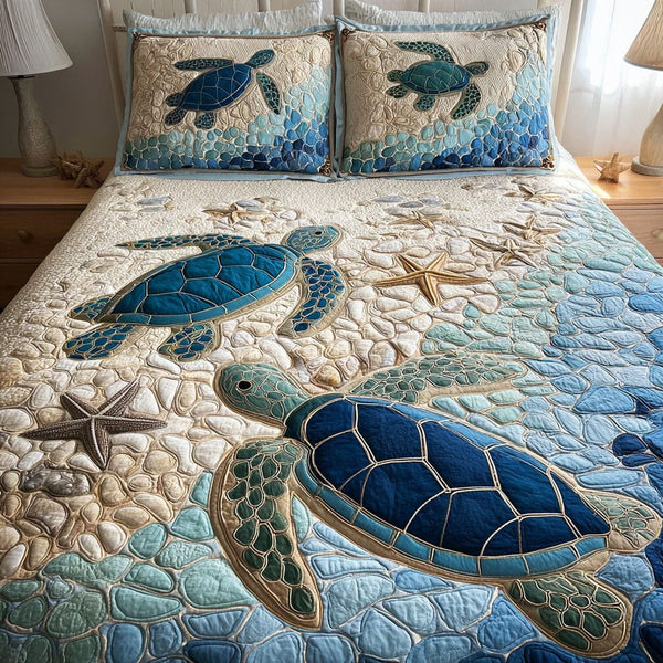 Turtle Haven quilted 3-piece bedding set on a made bed in a light coastal bedroom