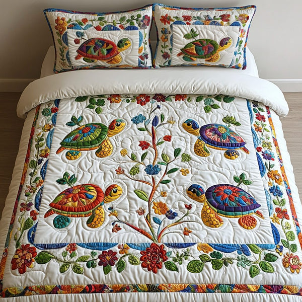 Turtle Haven quilted 3-piece bedding set on a made bed in a light coastal bedroom