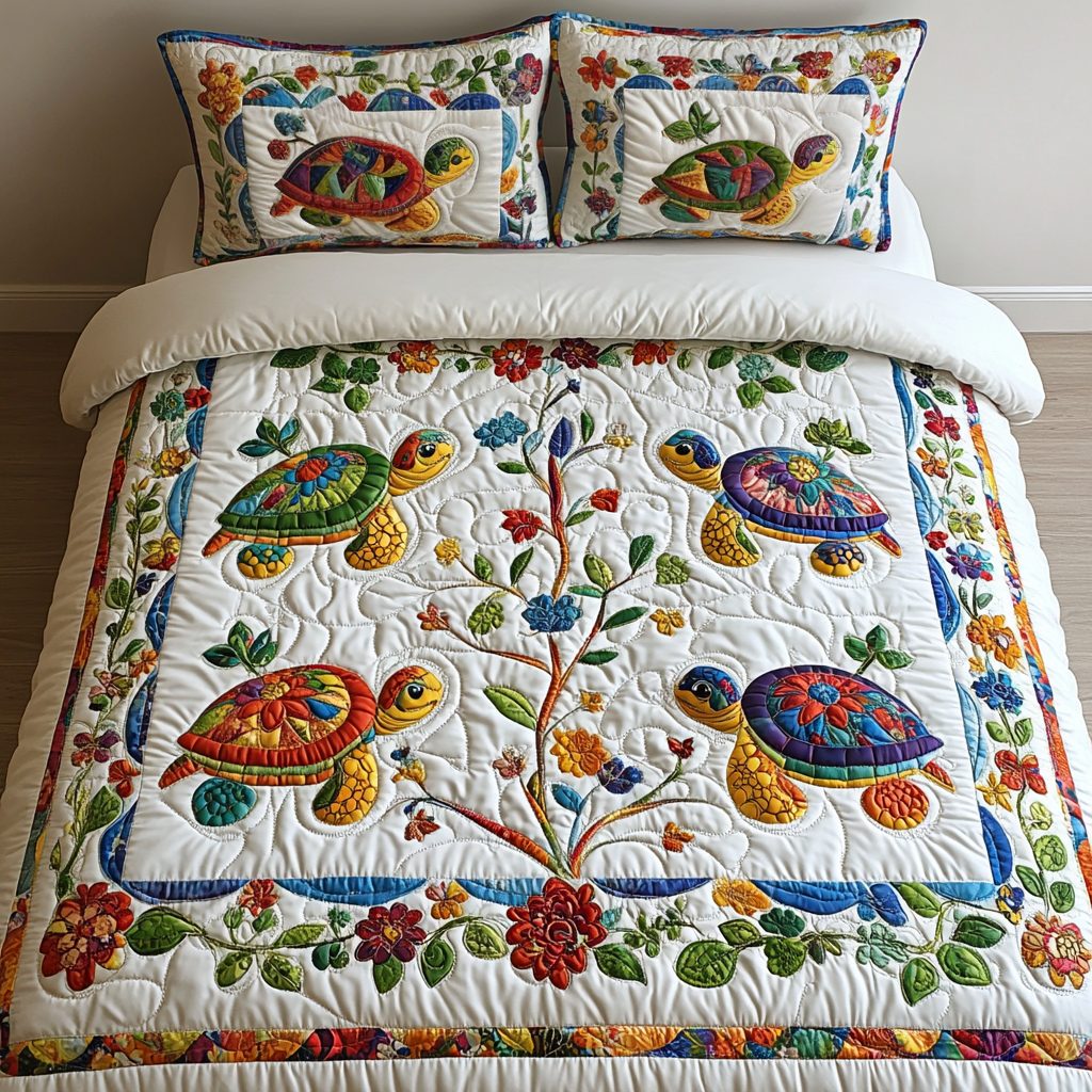 Turtle Haven quilted 3-piece bedding set on a made bed in a light coastal bedroom
