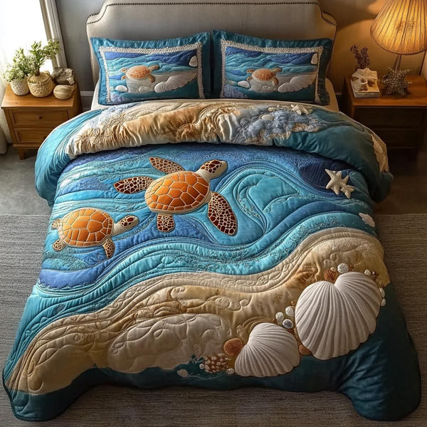 Turtle Haven quilted 3-piece bedding set on a made bed in a light coastal bedroom