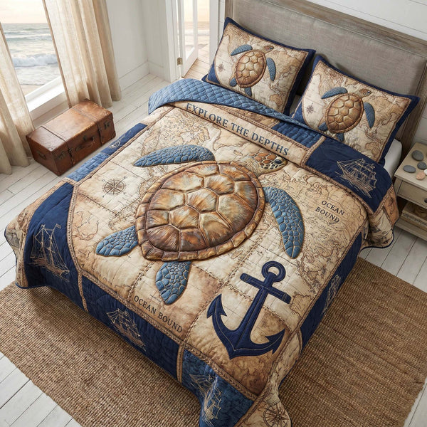 Turtle Haven quilted 3-piece bedding set on a made bed in a light coastal bedroom