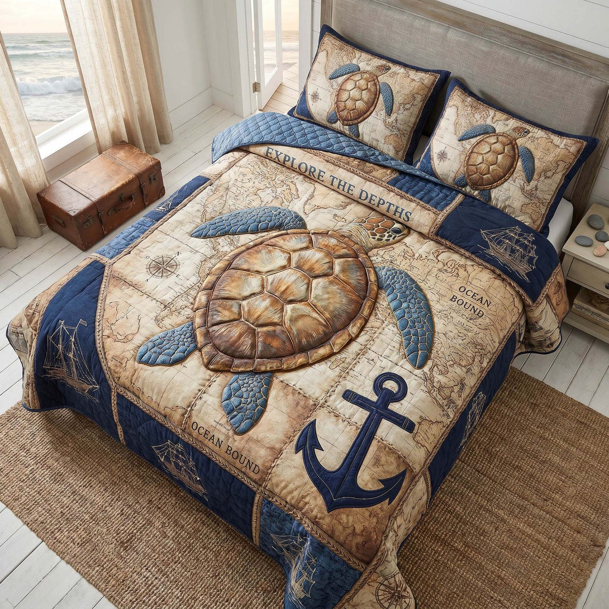 Turtle Haven quilted 3-piece bedding set on a made bed in a light coastal bedroom