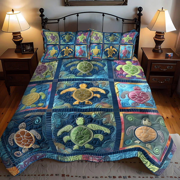 Turtle Haven quilted 3-piece bedding set on a made bed in a light coastal bedroom