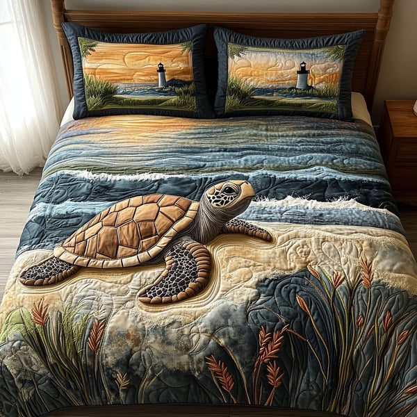 Turtle Journey quilted 3-piece bedding set on a made bed in a light coastal bedroom