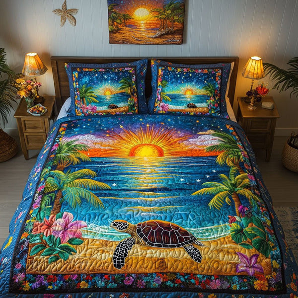 Turtle Journey quilted 3-piece bedding set on a made bed in a light coastal bedroom