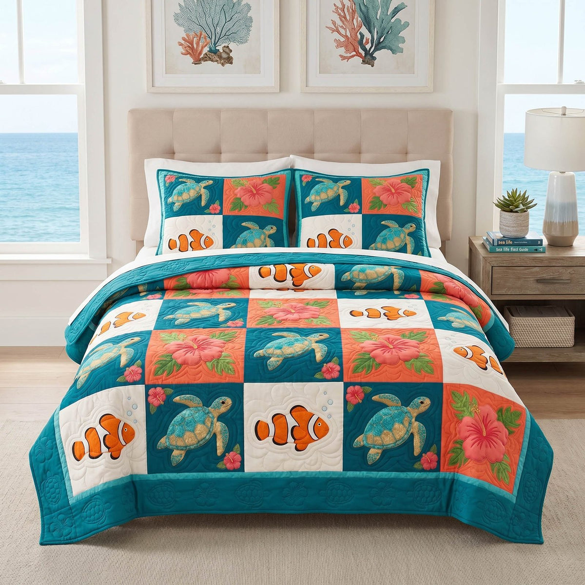 Turtle Mosaic quilted 3-piece bedding set on a made bed in a light coastal bedroom