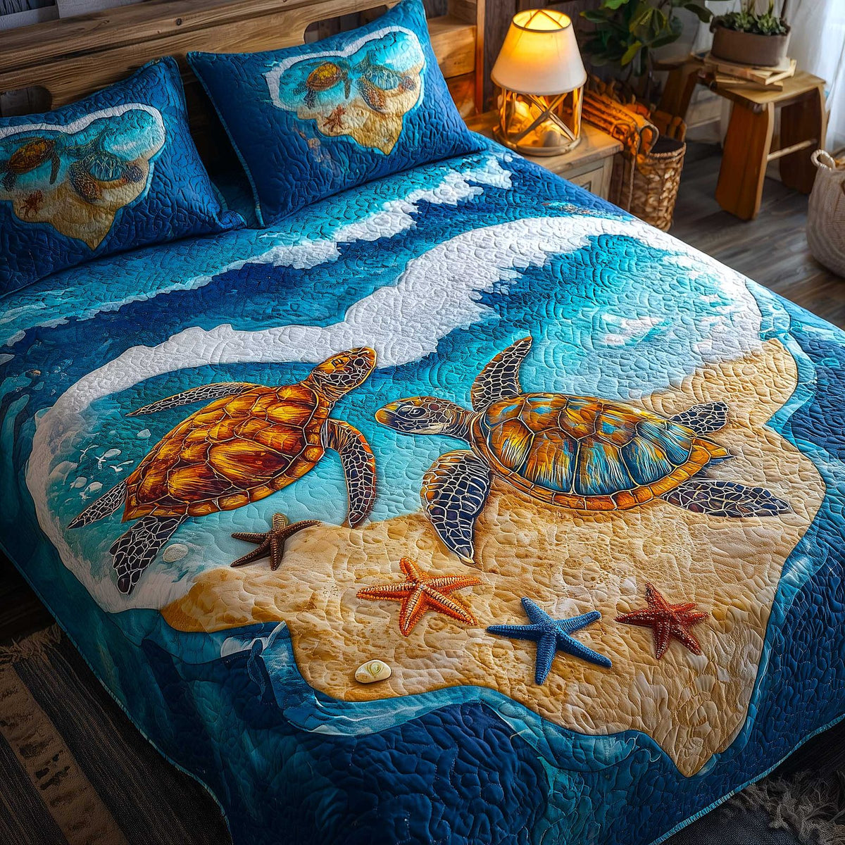 Turtle Oasis quilted 3-piece bedding set on a made bed in a light coastal bedroom