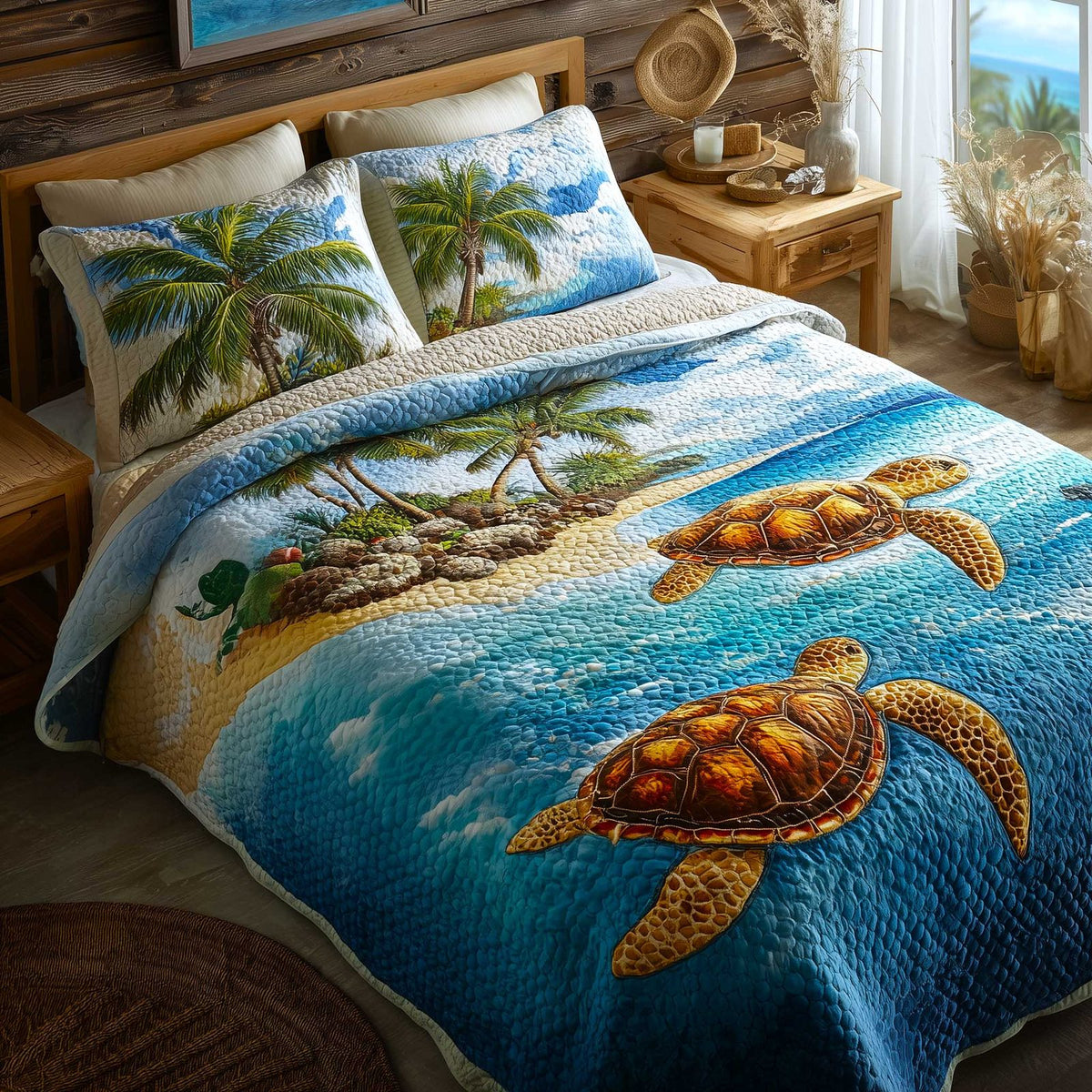 Turtle Oasis quilted 3-piece bedding set on a made bed in a light coastal bedroom
