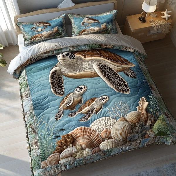 Turtle Oasis quilted 3-piece bedding set on a made bed in a light coastal bedroom
