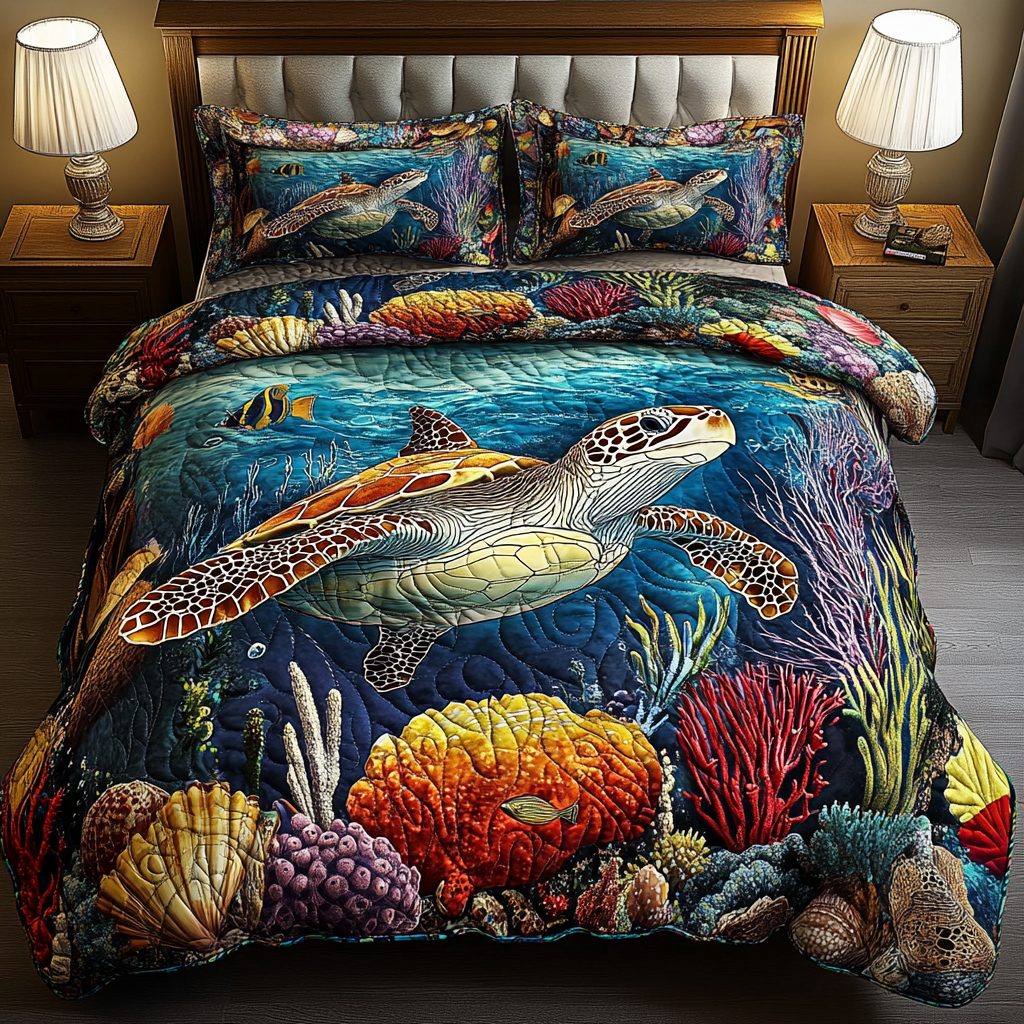 Turtle Ocean quilted 3-piece bedding set on a made bed in a light coastal bedroom