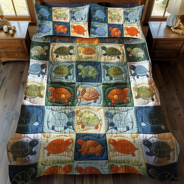 Turtle Parade quilted 3-piece bedding set on a made bed in a light coastal bedroom