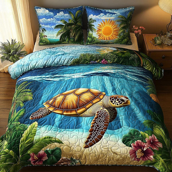 Turtle Paradise quilted 3-piece bedding set on a made bed in a light coastal bedroom