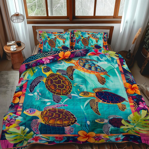 Turtle Paradise quilted 3-piece bedding set on a made bed in a light coastal bedroom