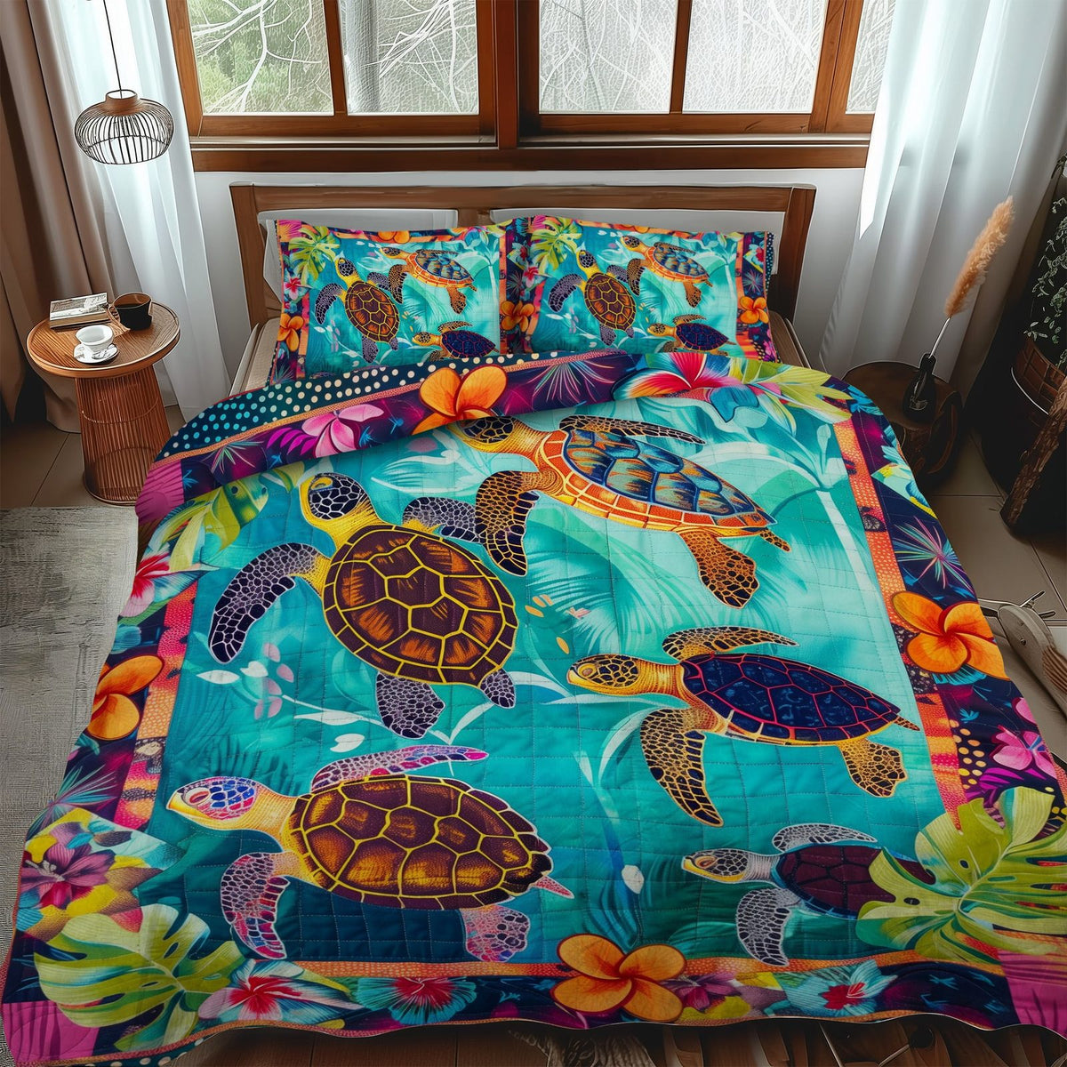 Turtle Paradise quilted 3-piece bedding set on a made bed in a light coastal bedroom