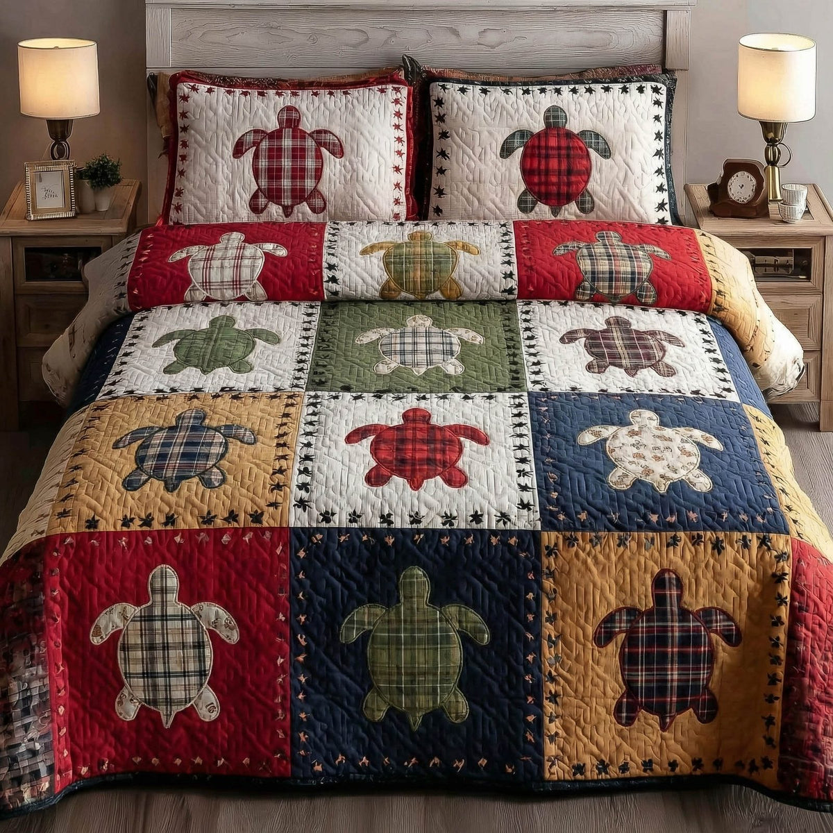 Turtle Patchwork quilted 3-piece bedding set on a made bed in a light coastal bedroom