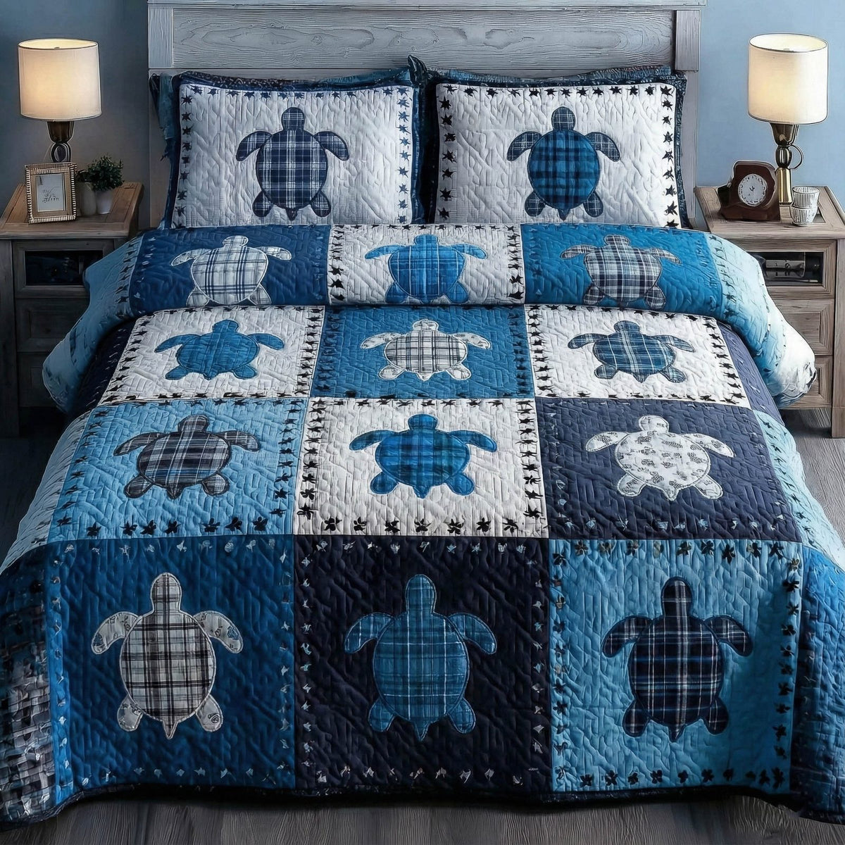 Turtle Patchwork quilted 3-piece bedding set on a made bed in a light coastal bedroom