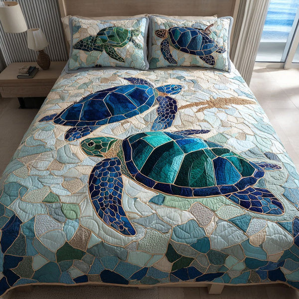 Turtle Path quilted 3-piece bedding set on a made bed in a light coastal bedroom