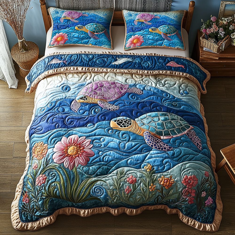 Turtle quilted 3-piece bedding set on a made bed in a light coastal bedroom