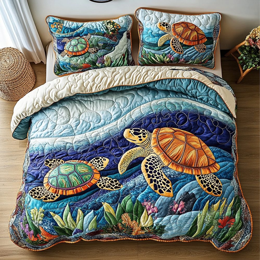 Turtle quilted 3-piece bedding set on a made bed in a light coastal bedroom