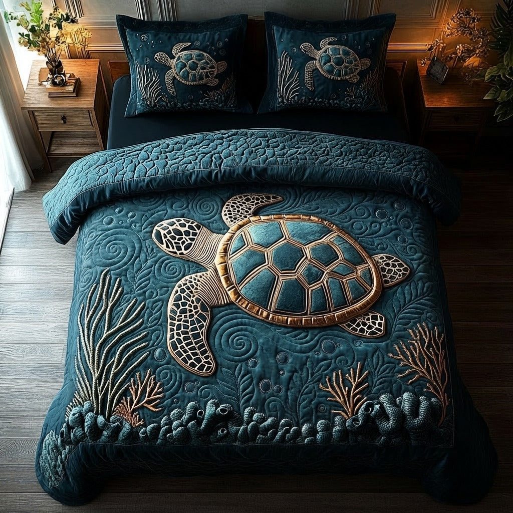 Turtle Retreat quilted 3-piece bedding set on a made bed in a light coastal bedroom