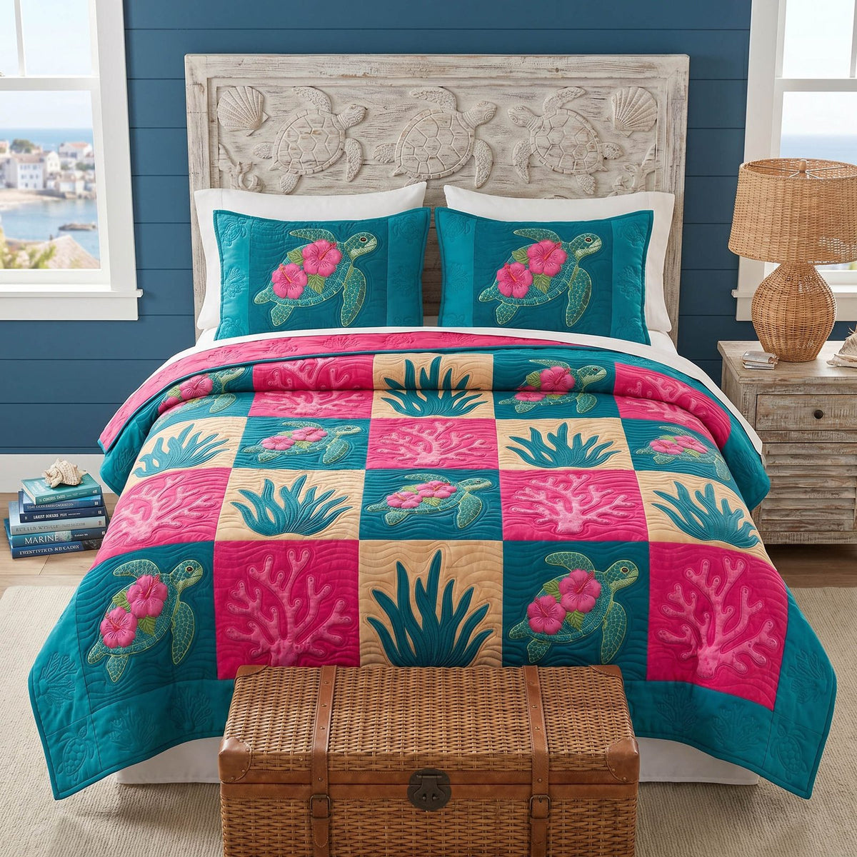 Turtle Retreat quilted 3-piece bedding set on a made bed in a light coastal bedroom