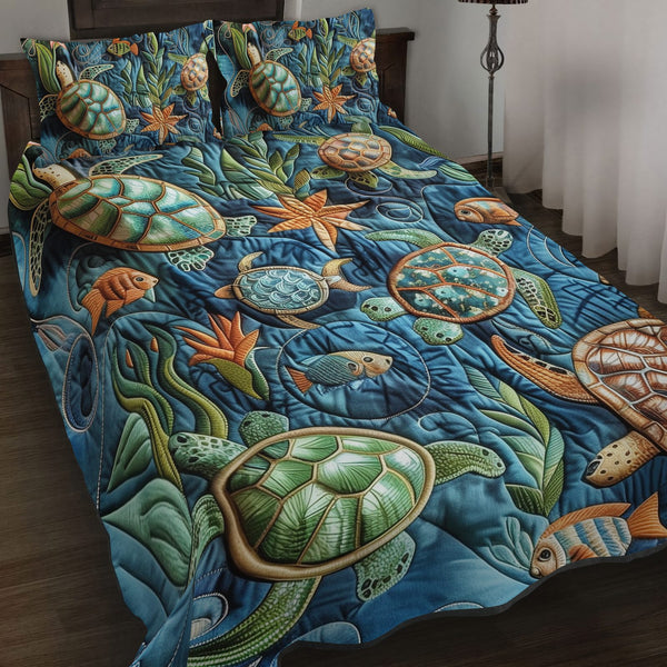 Turtle Sanctuary quilted 3-piece bedding set on a made bed in a light coastal bedroom