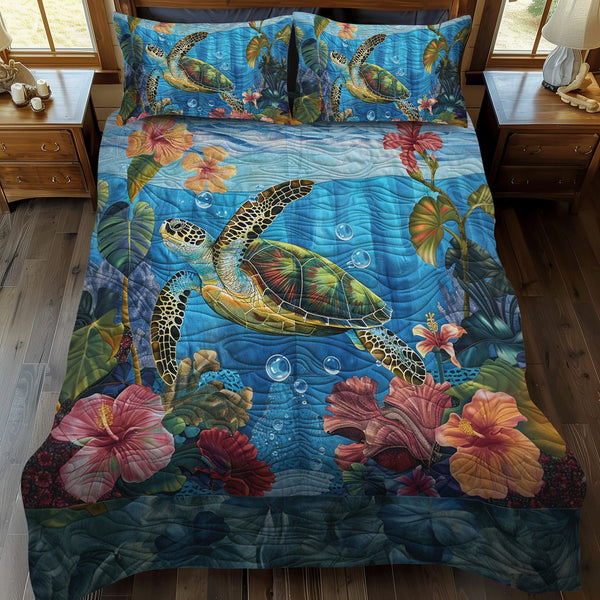 Turtle Serenity quilted 3-piece bedding set on a made bed in a light coastal bedroom